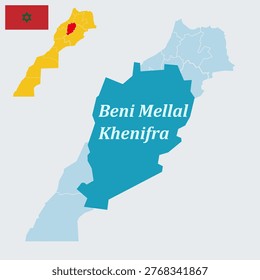 Béni Mellal-Khénifra Morocco Map and Flag - Central Region, Beni Mellal Capital and Atlas Mountains Vector Outline.