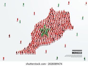 Morocco Map and Flag. A large group of people in the Moroccan flag color form to create the map. Vector Illustration.