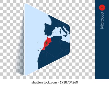 Morocco map and flag on transparent background. Highlighted Morocco on blue vector map.