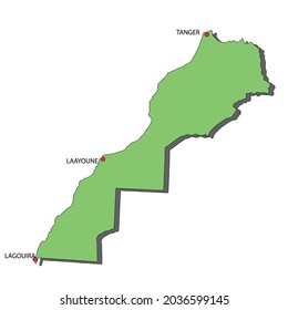 Mapa de Marruecos Color verde 3D Mostrando 3 ciudades del norte al oeste... Tánger a Lagouira