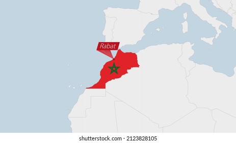 Mapa de Marruecos resaltado en los colores de la bandera de Marruecos y pin de la capital del país, Rabat, mapa con los países africanos vecinos.