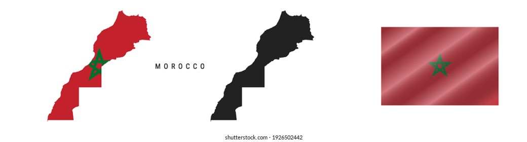 Morocco. Map with masked flag. Detailed silhouette. Waving flag. Vector illustration isolated on white.