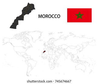 Morocco map on a world map with flag on white background.