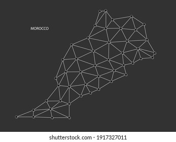 Morocco Map Point scales on black background. Wire frame polygonal network white line, dot and shadow dot.