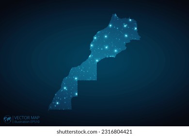 Morocco map radial dotted pattern in futuristic style, design blue circle glowing outline made of stars. concept of communication on dark blue background. Vector EPS10