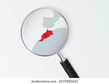 Mapa do Marrocos com Lupa Lupa com Sobreposição de Bandeira Nacional. A imagem representa foco geográfico, identidade nacional e exploração.