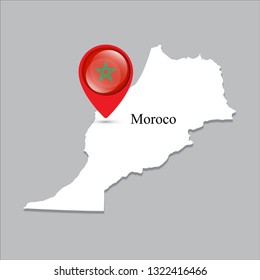 Morocco map with white shadow and country name on the map. Check-in point with a national flag on a gray background.