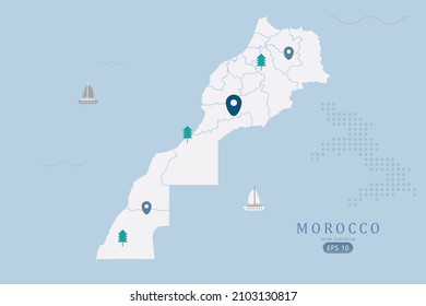 Morocco Map - World Map International vector template High detailed with white color isolated on blue background including simple point of location, tree, boat icon - Vector illustration eps 10