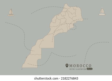 Morocco Map - World Map International vector template High detailed with brown color isolated on grey background including simple point of location, wind, boat icon - Vector illustration eps 10