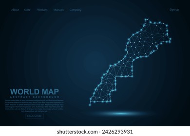 Marokko-Karte - Weltkarte Maische Linie und Punkt-Skalen auf blauem Technologie-Hintergrund. Drahtrahmen 3D Mesh polygonale Netzwerklinie, Design Kugel, Punkt und Struktur - Vektor-Illustration eps 10