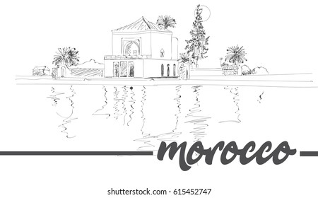 Morocco Marrakesh Menara Pavilion reflected on lake in late afternoon sunshine