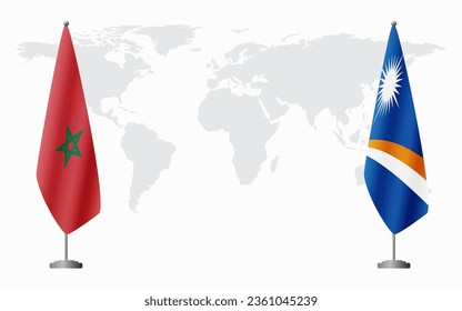 Morocco and Marshall Islands flags for official meeting against background of world map.