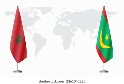 Morocco and Mauritania flags for official meeting against background of world map.