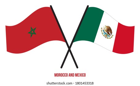 Banderas de Marruecos y México Cruzadas y ondeando estilo plano. Proporción oficial. Colores correctos.