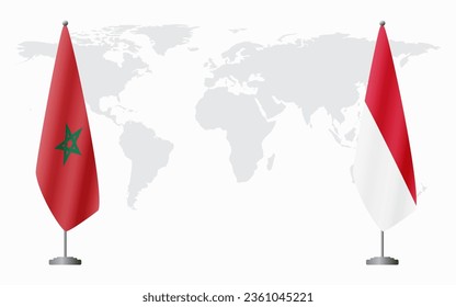 Morocco and Monaco flags for official meeting against background of world map.