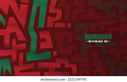 Marrocos com fundo étnico vermelho e design verde. Campanha pelo dia da independência do Marrocos