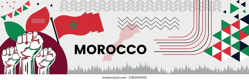 Morocco national day banner with map, flag colors theme background and geometric abstract retro modern colorfull design with raised hands or fists.