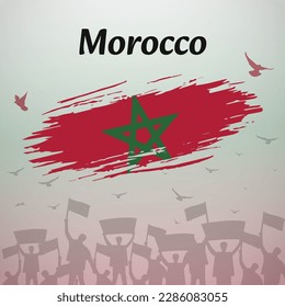 Celebración del Día Nacional de Marruecos. Diseño patriótico con bandera, aves y manifestantes. Perfecto para el Día de la Independencia, Día de la Revolución, Día de la Juventud. Ilustración vectorial versátil para medios sociales, carteles.