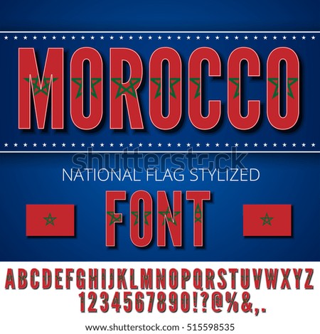 Morocco national flag stylized font. Alphabet and Numbers in Vector Set