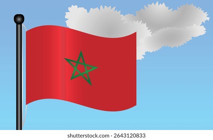 Morocco national flag waving against a bright blue sky. representing national pride, unity, and heritage in Africa with its vibrant colors and iconic design. Patriotic symbol of identity or pride