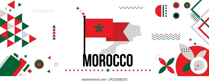 Morocco national or independence day banner for country celebration. Flag and map of Morocco with raised fists. Modern retro design with typorgaphy abstract geometric icons. Vector illustration.