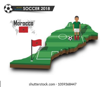 Morocco national soccer team . Football player and flag on 3d design country map . isolated background . Vector for international world championship tournament 2018 concept .