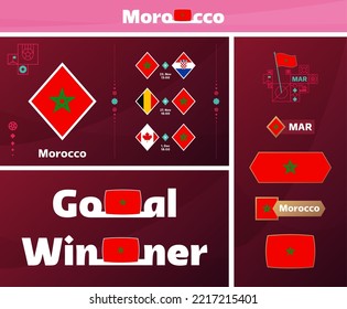 morocco national team design media kit graphic collection. 2022 world Football cup or Soccer Championship design elements vector set. Banners, Posters, Social Media kit, templates, scoreboard.