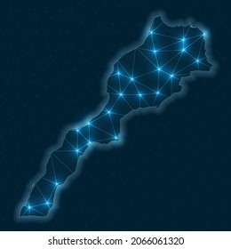 Morocco network map. Abstract geometric map of the country. Digital connections and telecommunication design. Glowing internet network. Neat vector illustration.