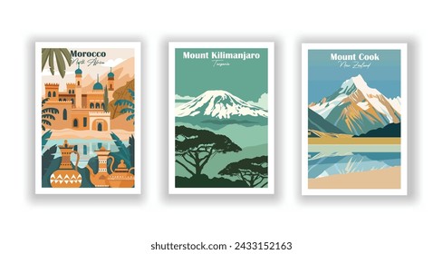 Morocco, North Africa. Mount Kilimanjaro, Tanzania. Mount Cook, New Zealand - Set of 3 Vintage Travel Posters. Vector illustration. High Quality Prints