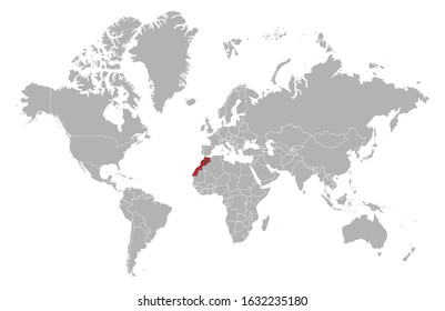 Morocco on detailed world map. With overlay Morocco flag. The location of the country of Morocco on the world map.
