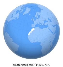 Morocco on the globe. Earth centered at the location of the Kingdom of Morocco. Map of Morocco. Includes layer with capital cities.