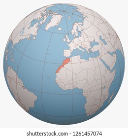 Morocco on the globe. Earth hemisphere centered at the location of the Kingdom of Morocco. Morocco map.