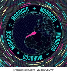 Morocco on globe. Satellite view of the world centered on Morocco. Bright neon style. Futuristic radial bricks background. Captivating vector illustration.