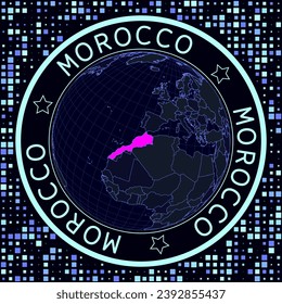 Morocco on globe vector. Futuristic satelite view of the world centered to Morocco. Geographical illustration with shape of country and squares background. Bright neon colors on dark background.