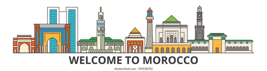 Morocco outline skyline, Moroccan flat thin line icons, landmarks, illustrations. Morocco cityscape, Moroccan travel city vector banner. Urban silhouette