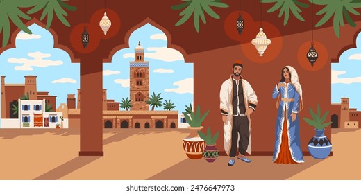 Morocco panorama. Man and woman in national traditional clothes, eastern arches, arabic architecture, travel banner, tourism promotional, traditional landscape, cartoon tidy vector concept