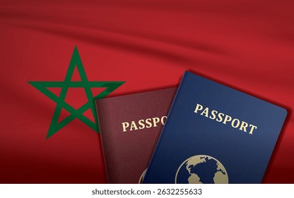 Morocco Passports with Morocco Flag Background	