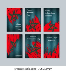Morocco Patriotic Cards for National Day. Expressive Brush Stroke in National Flag Colors on dark striped background. Morocco Patriotic Vector Greeting Card.