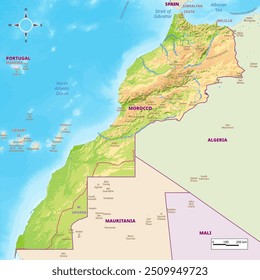 Mapa físico de Marrocos com fronteiras nacionais, rios e lagos, montanhas, parques, rotulagem