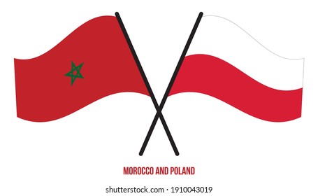 Morocco and Poland Flags Crossed And Waving Flat Style. Official Proportion. Correct Colors.