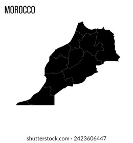 Morocco political map of administrative divisions - regions. Blank black map and country name title.