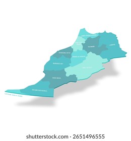 Morocco political map of administrative divisions - regions. 3D turquoise vector map with name labels.