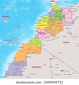 Morocco political map with capital , cities, towns, national borders, rivers and lakes. labeling