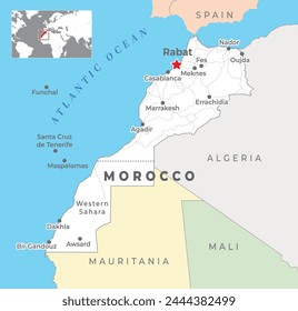 Morocco Political Map with capital Rabat, most important cities with national borders