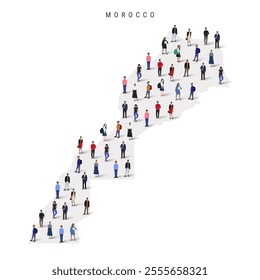 Morocco population map. Large group of realistic a diverse crowd of people figures in a shape of Moroccan map. Flat vector illustration isolated on white.