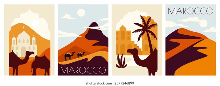 Morocco poster. Marrakesh desert vertical flyers, morrocan arabic traditional ornament, islamic country sightseeing, Morocco tourism guide, muslim postcard design. Vector set.