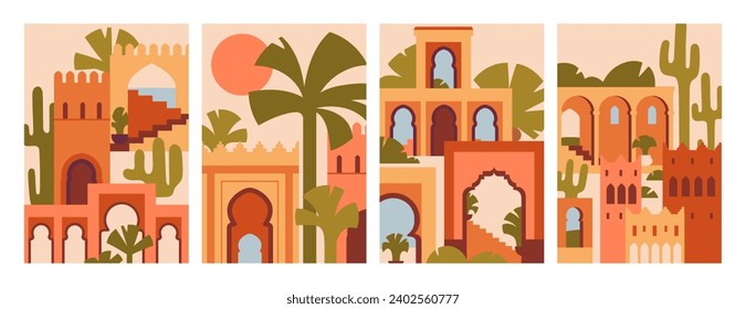 Morocco posters set. Moroccan buildings, architecture, card backgrounds. Abstract ancient Arab city, Eastern Marrakesh and Medina houses, vertical wall art, decor. Colored flat vector illustrations