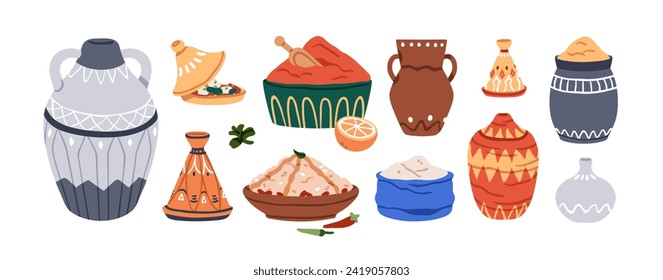 Morocco pottery, food, seasonings set. Moroccan Arabic crockery, dishes, spices. Ceramic pots, vessels, earthenware, vases in Maroc style. Flat vector illustrations isolated on white background