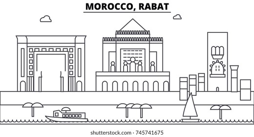 Morocco, Rabat architecture skyline buildings, silhouette, outline landscape, landmarks. Editable strokes. Urban skyline illustration. Flat design vector, line concept