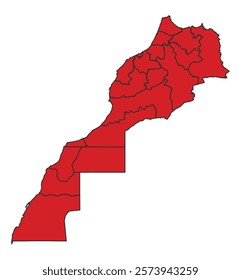 Morocco red map with border of regions outline vector